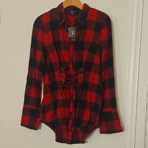 Express Red and Black Checkered Lace-Up Shirt